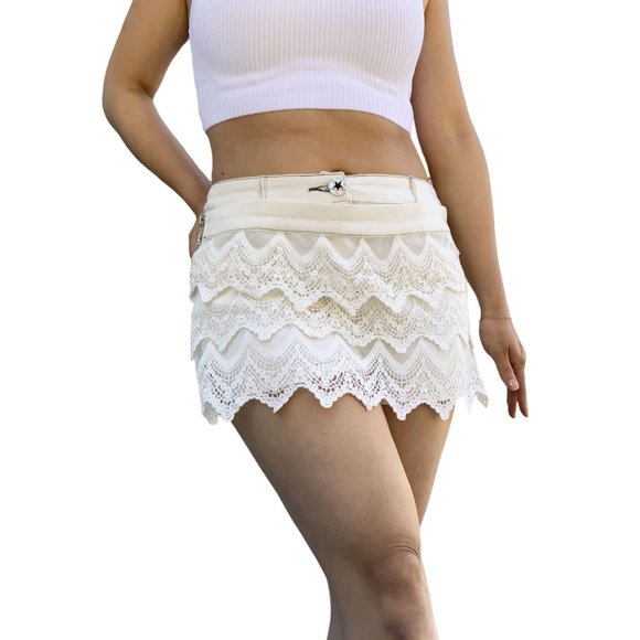 90s Off White Denim Skort Skirt Short Side Zippers Crochet Lace Trim Pockets M - Picture 3 of 8